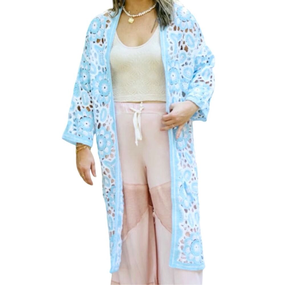 POL Blue Crochet Duster Cardigan Boho Kimono Open Knit Lace Patchwork Floral NEW - Picture 16 of 16